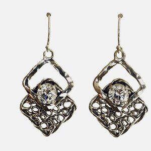 Noa Zuman Sterling Silver 925 Earrings Filigree w CZ Stone Israel 1.5in long